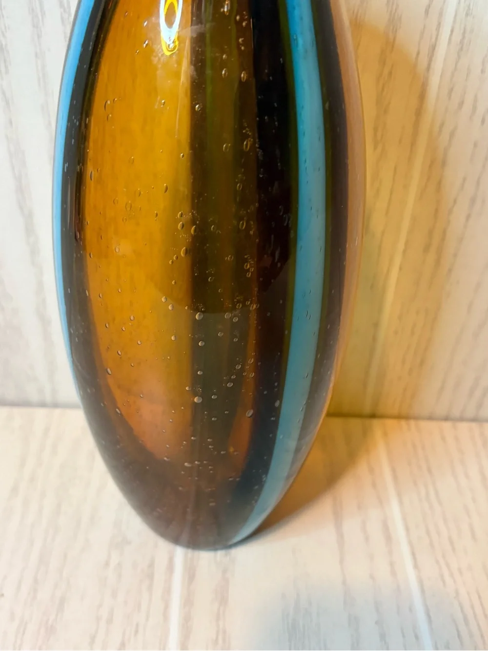 Pier 1 Amber Glass Vase with Blue Stripe Bubble Glass